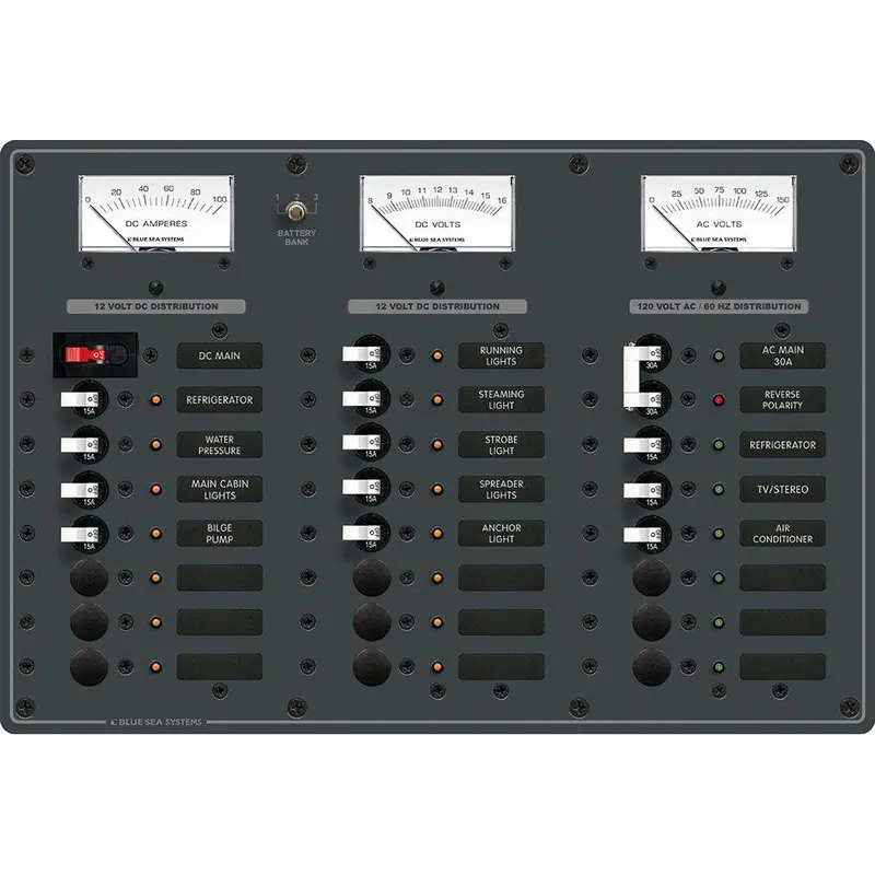 Blue Sea Systems 8084 Dual-Power Toggle Circuit Breaker Panel: 6 Ac Main + 15 Dc Main Positions – White Switches 1