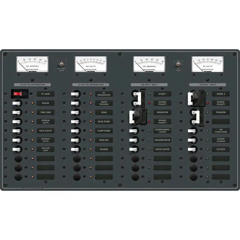 Blue Sea Systems 8086 Multi-Source Toggle Circuit Breaker Panel: 3 Ac Inputs + 12 Ac Outputs / Dc Main + 19 Positions – White Switches 1