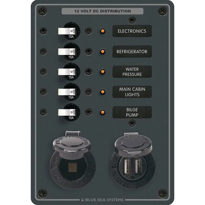 Blue Sea Systems 8120 Power Distribution Panel – 5-Circuit 12V System With Dual Usb & Cigarette Socket [8120] 1
