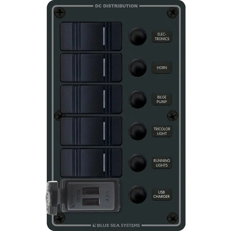 Blue Sea Systems 8521 Contura Switch Panel – 5-Position W/Dual Usb Chargers, 12V/24V Dc, Black [8521] 1