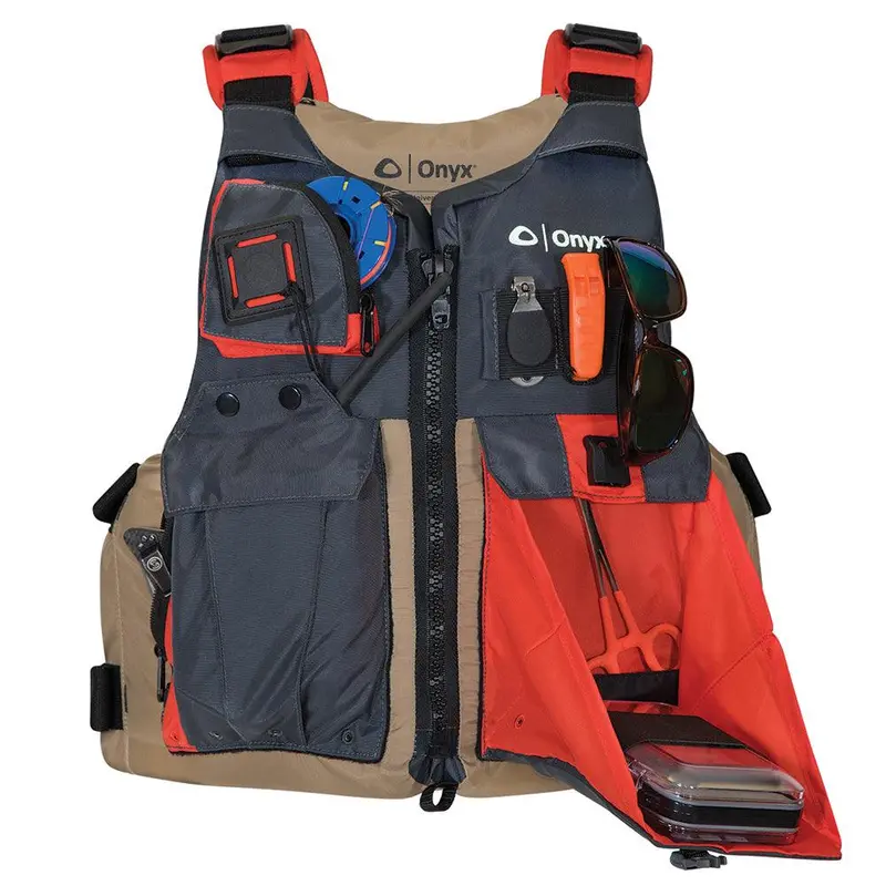 Onyx Kayak Fishing Life Vest – Adult Universal Fit, Tan/Grey [121700-706-004-17] 1