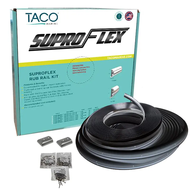 Taco Suproflex Black Low-Height Rub Rail – 1.6"H × 0.78"W × 60' With Chrome Trim 1